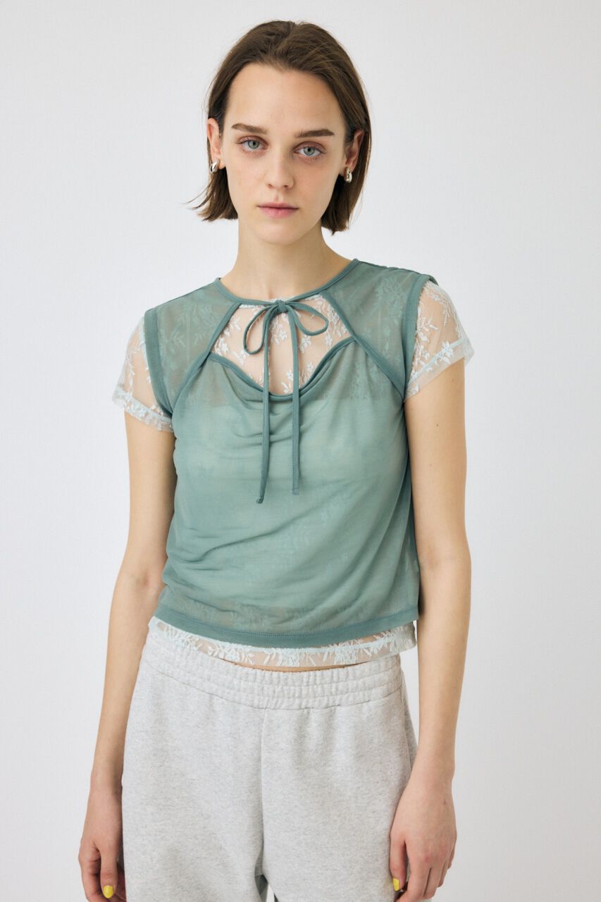 MOUSSY「LACE LAYERED OPEN NECK トップス」|Tシャツ・カットソー|L/BLU1