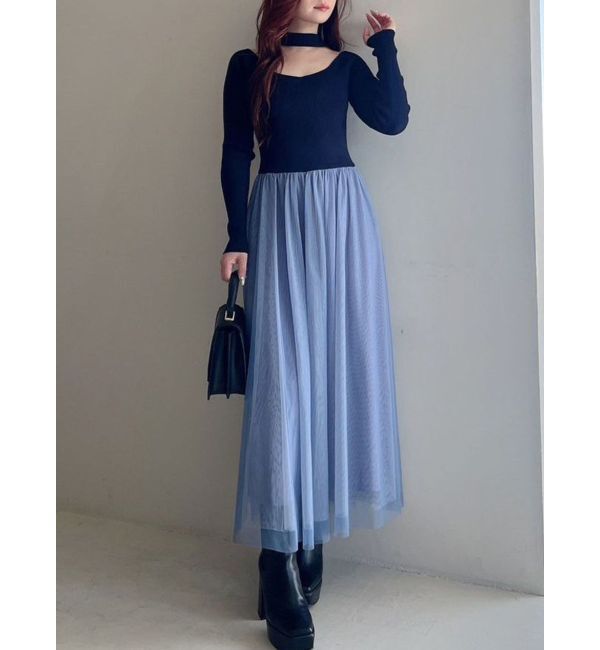 MERCURYDUO「2WAYチュールニットドッキングワンピース」|ワンピース|ネイビー