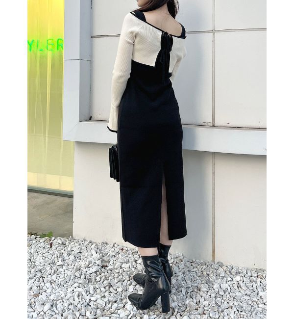 MERCURYDUO「3WAY配色ストラップバッククロスロングスリーブワンピース」|ワンピース|