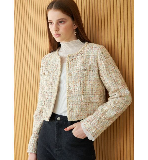 MERCURYDUO「ツイードノーカラージャケット」|ノーカラージャケット|ベージュ