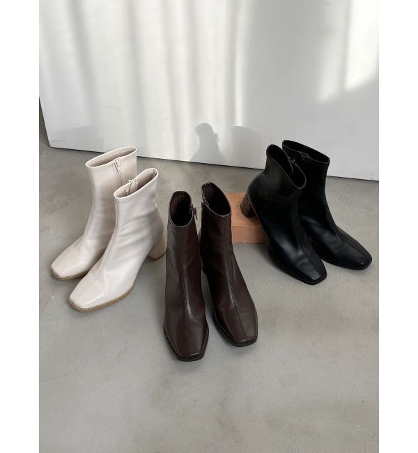 MERCURYDUO「フェイクレザースクエアトゥストレッチショートブーツ」|ショートブーツ|
