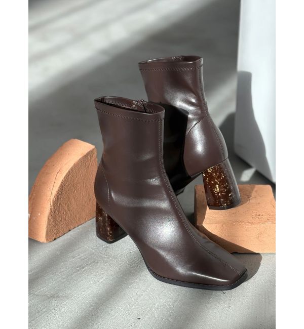 MERCURYDUO「フェイクレザースクエアトゥストレッチショートブーツ」|ショートブーツ|ブラウン