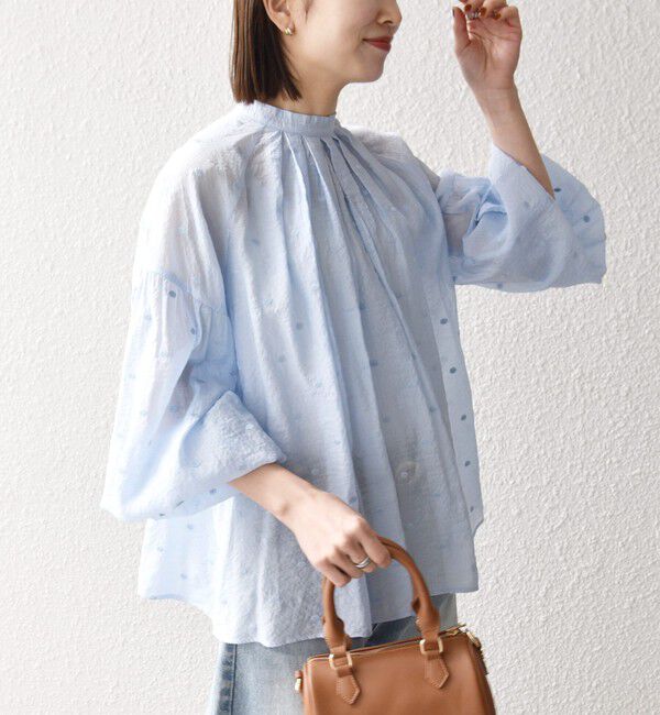 SHIPS any「【WEB限定】SHIPS any:〈手洗い可能〉シアー ドット スタンドカラー パフ ギャザー ブラウス」|シャツ・ブラウス|