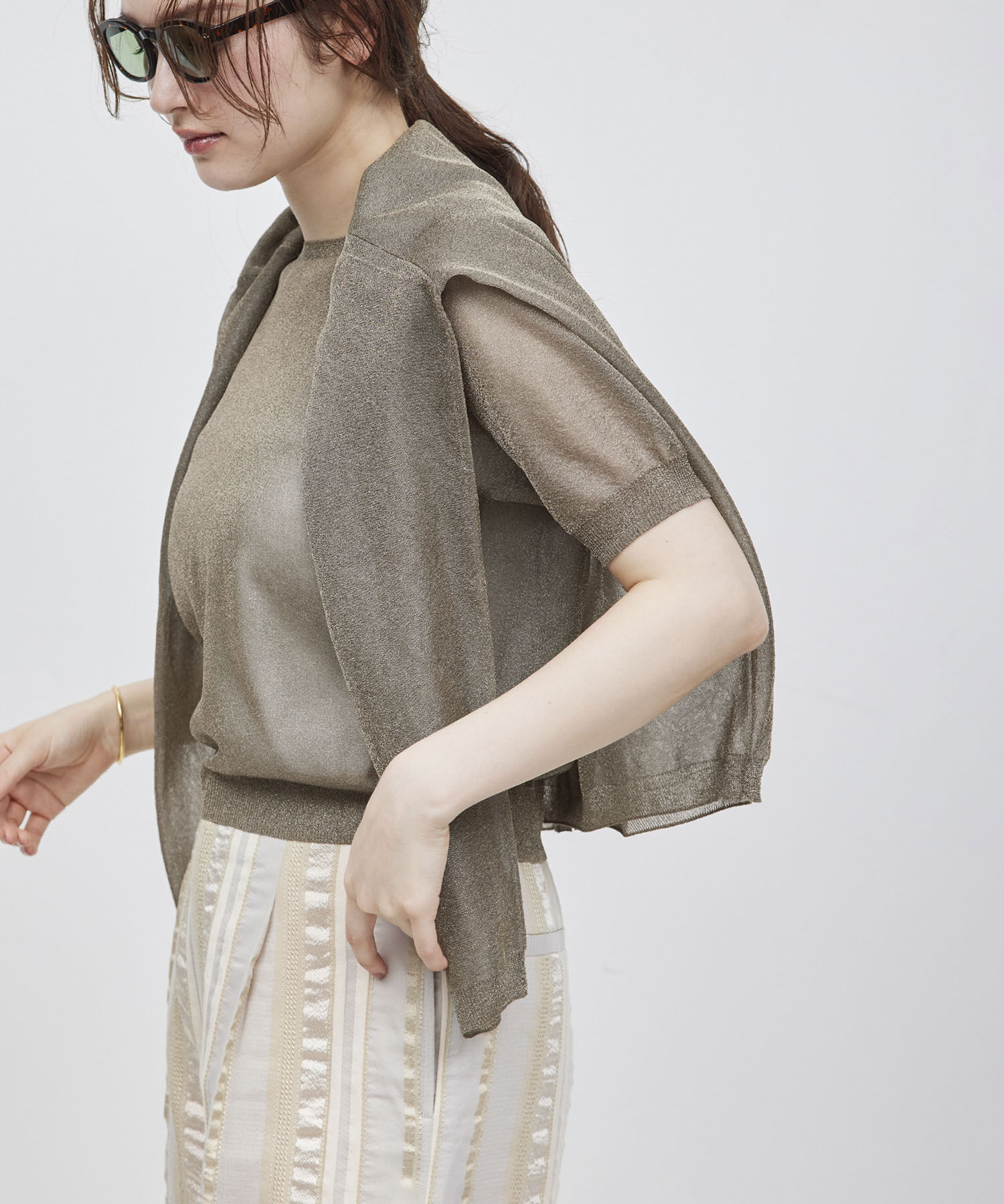 ROPE「【洗える】ラメシアーニット半袖プルオーバー【アンサンブル対応】」|ニット・セーター|