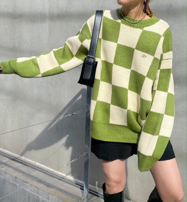  「チェッカー／ボーダー切り替えビッグニット」|ニット・セーター|