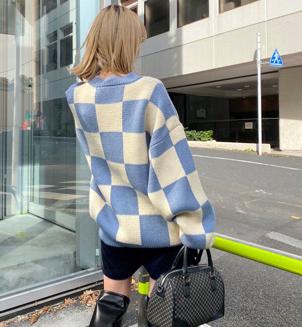  「チェッカー／ボーダー切り替えビッグニット」|ニット・セーター|
