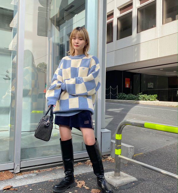  「チェッカー／ボーダー切り替えビッグニット」|ニット・セーター|