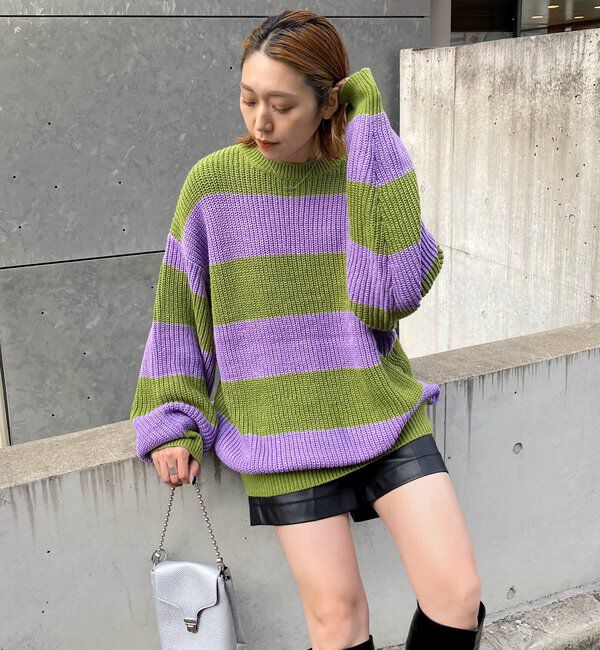  「チェッカー／ボーダー切り替えビッグニット」|ニット・セーター|