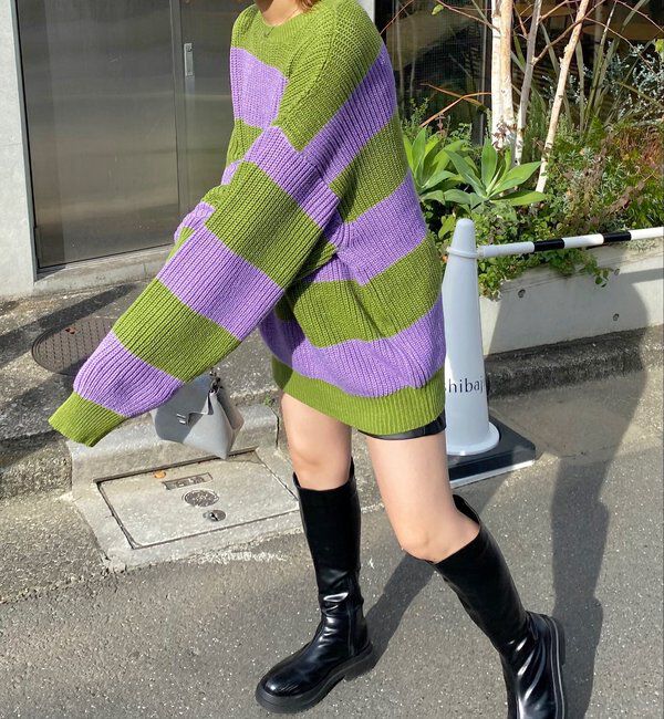  「チェッカー／ボーダー切り替えビッグニット」|ニット・セーター|