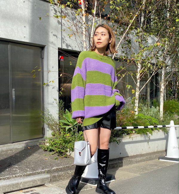  「チェッカー／ボーダー切り替えビッグニット」|ニット・セーター|