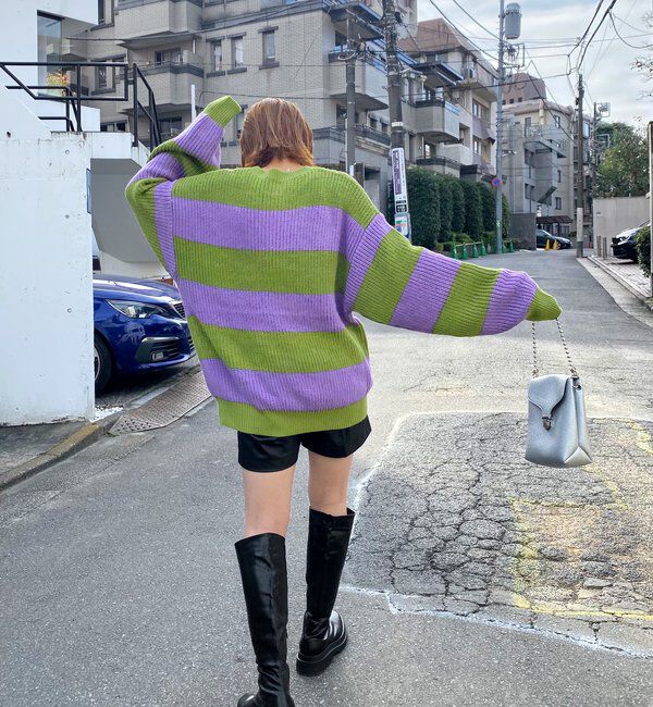  「チェッカー／ボーダー切り替えビッグニット」|ニット・セーター|