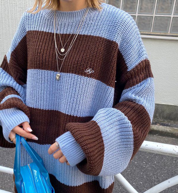  「チェッカー／ボーダー切り替えビッグニット」|ニット・セーター|