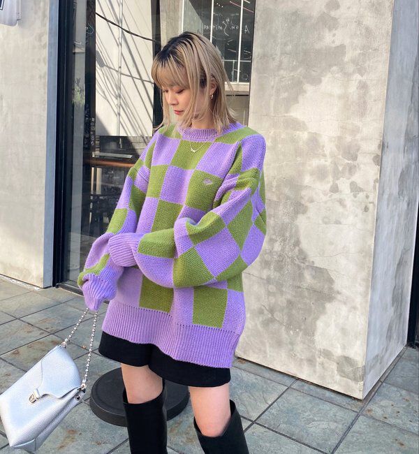  「チェッカー／ボーダー切り替えビッグニット」|ニット・セーター|