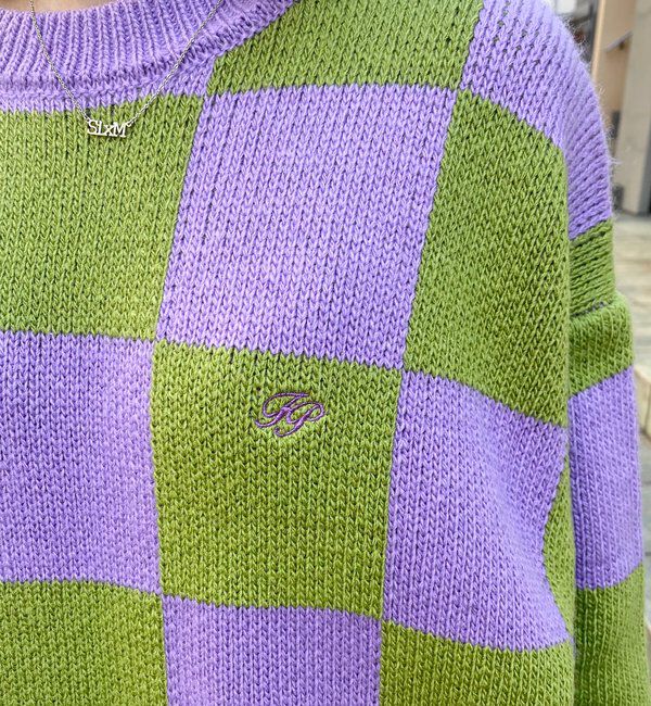  「チェッカー／ボーダー切り替えビッグニット」|ニット・セーター|