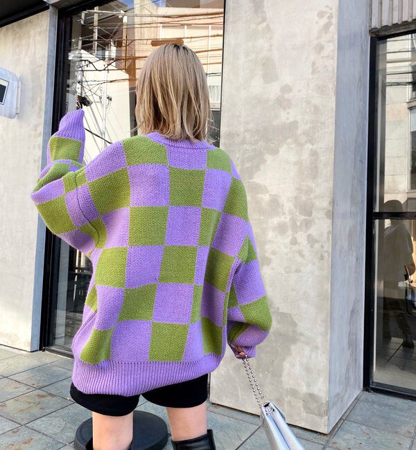  「チェッカー／ボーダー切り替えビッグニット」|ニット・セーター|