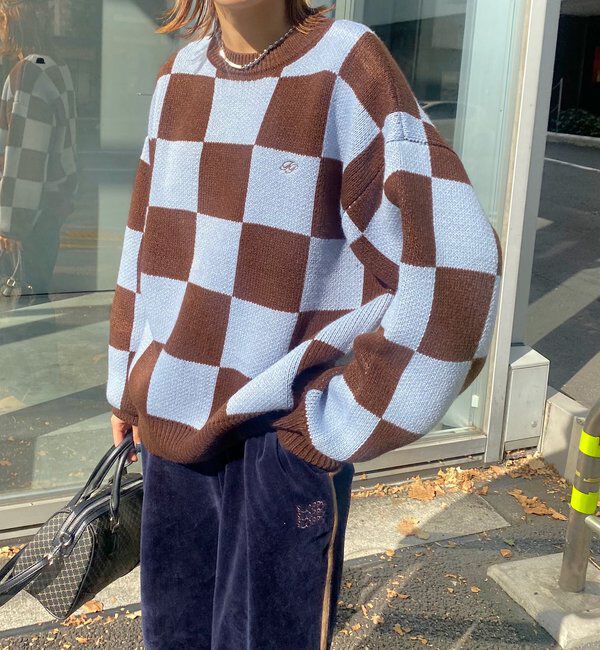  「チェッカー／ボーダー切り替えビッグニット」|ニット・セーター|ブラウン