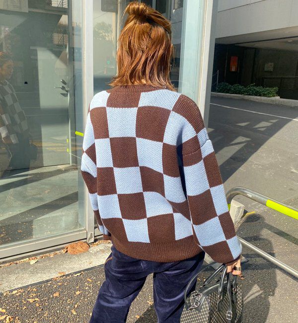  「チェッカー／ボーダー切り替えビッグニット」|ニット・セーター|