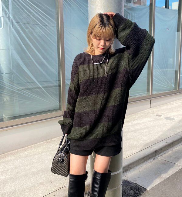  「チェッカー／ボーダー切り替えビッグニット」|ニット・セーター|