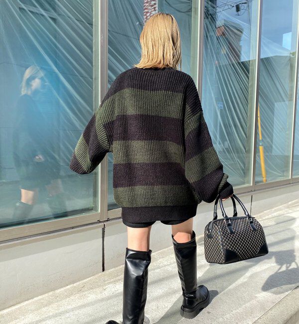  「チェッカー／ボーダー切り替えビッグニット」|ニット・セーター|