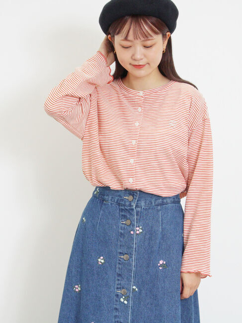 Samansa Mos2「ワンポイント刺繍シアーボーダーカーディガン」|カーディガン|レッド