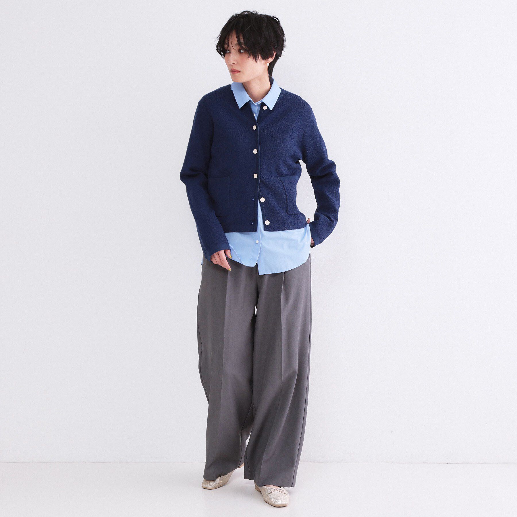 OPAQUE.CLIP「ブークレ金ボタンニットカーディガン【洗濯機OK】」|カーディガン|