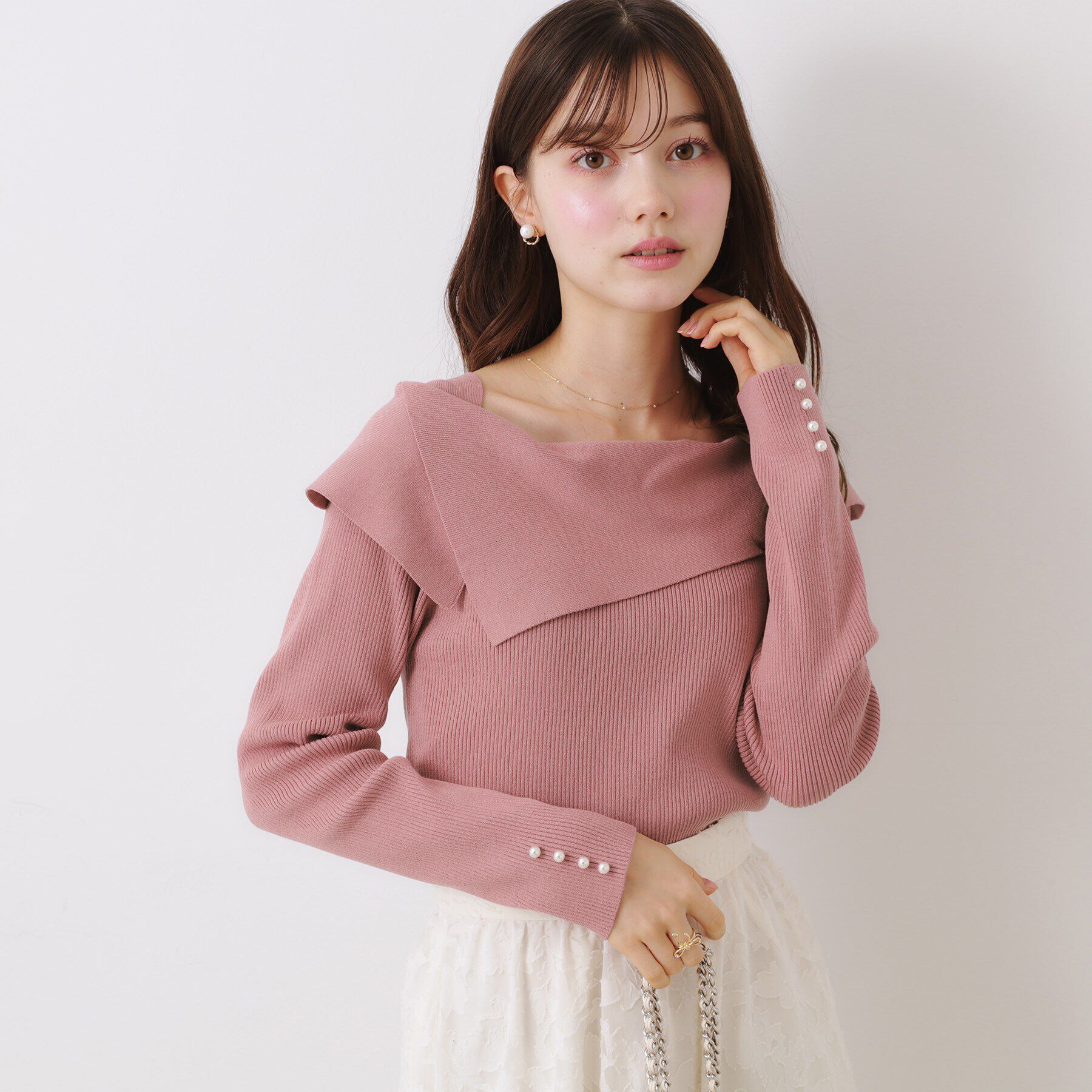 Couture broach「【華奢見え・フェミニン】変形カラーリブニット」|ニット・セーター|ピンク(071)