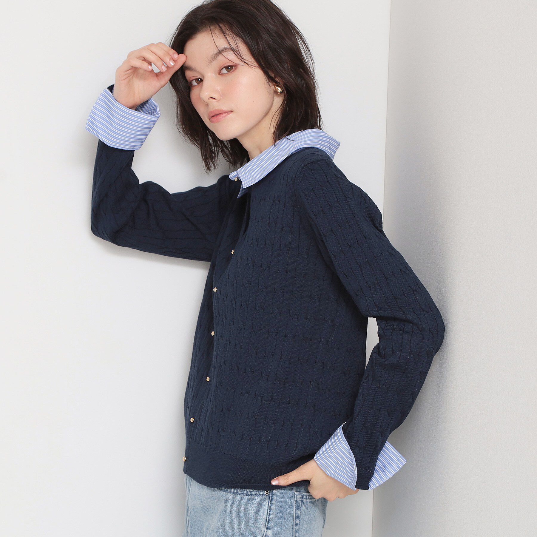 THE SHOP TK「【1枚でスタイル決まる】シャツレイヤード風 襟付ケーブルニット」|ニット・セーター|