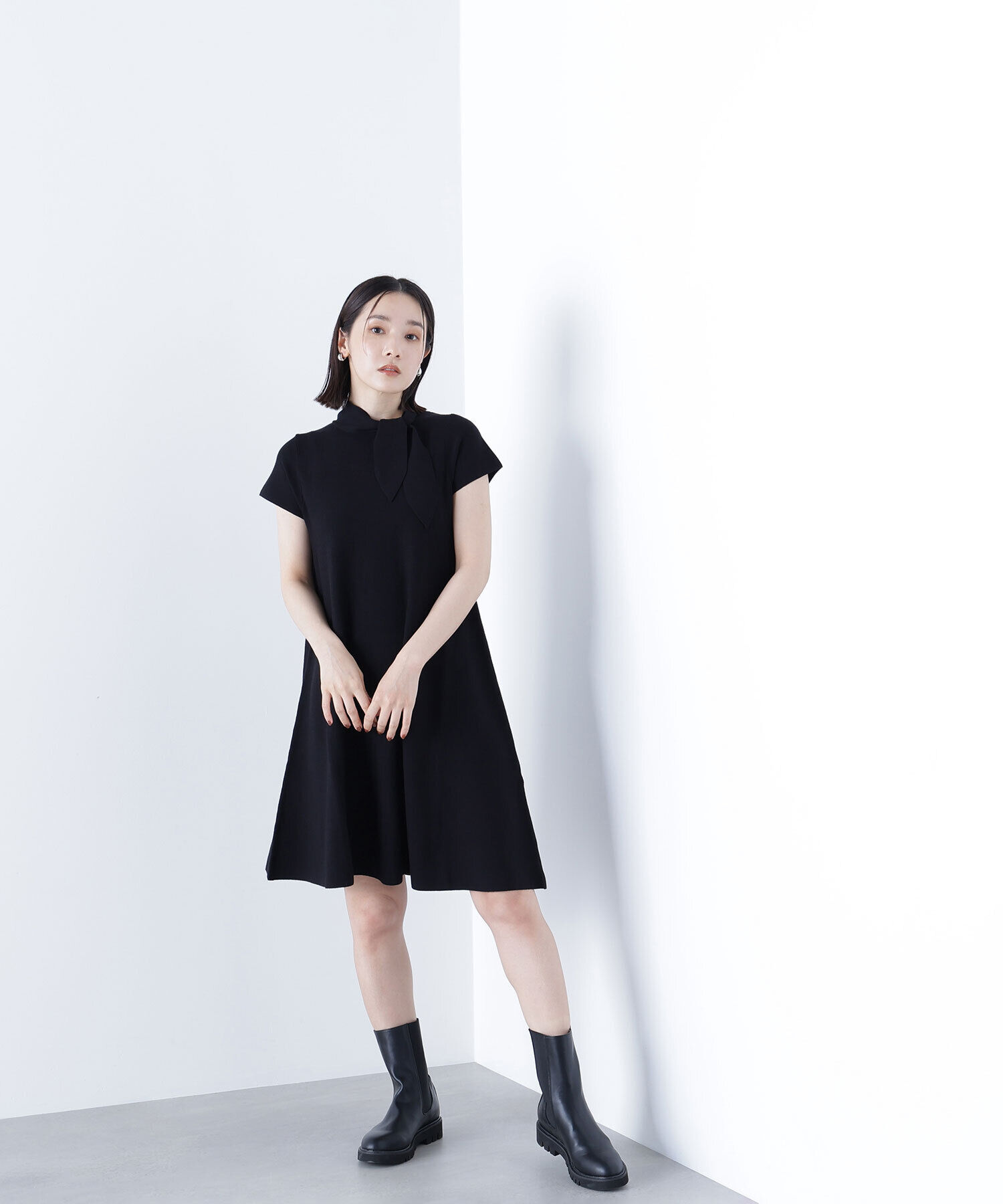  「ボウタイミニニットワンピース」|ワンピース|