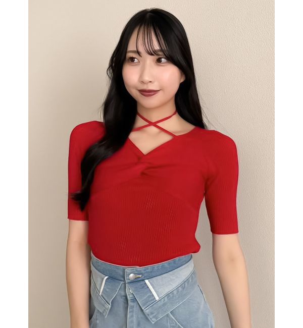 dazzlin「フロントツイストリボン5分袖ニットトップス」|ニット・セーター|