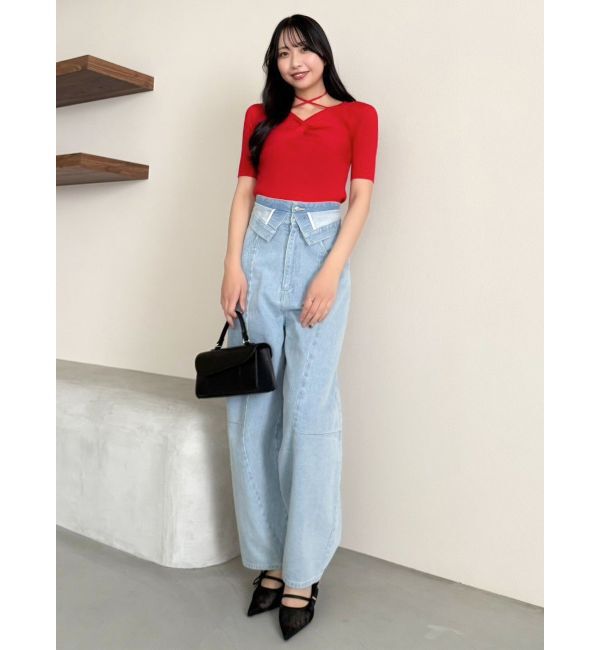 dazzlin「フロントツイストリボン5分袖ニットトップス」|ニット・セーター|