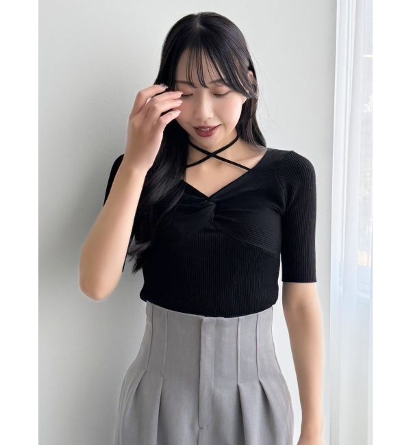 dazzlin「フロントツイストリボン5分袖ニットトップス」|ニット・セーター|