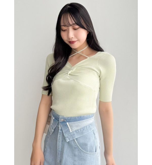 dazzlin「フロントツイストリボン5分袖ニットトップス」|ニット・セーター|