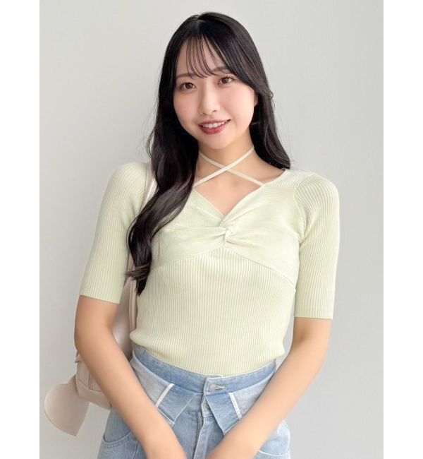 dazzlin「フロントツイストリボン5分袖ニットトップス」|ニット・セーター|