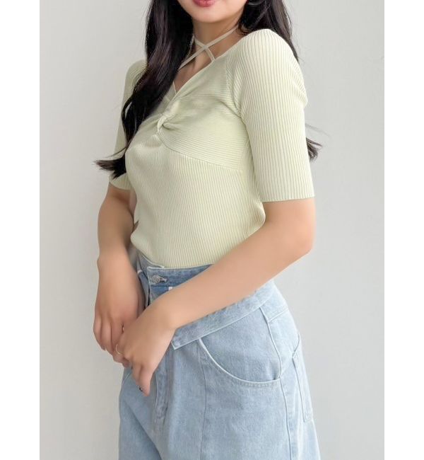 dazzlin「フロントツイストリボン5分袖ニットトップス」|ニット・セーター|