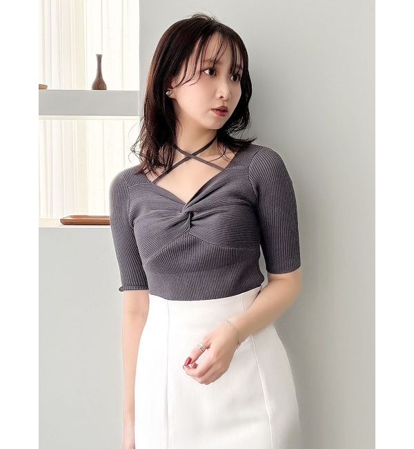 dazzlin「フロントツイストリボン5分袖ニットトップス」|ニット・セーター|