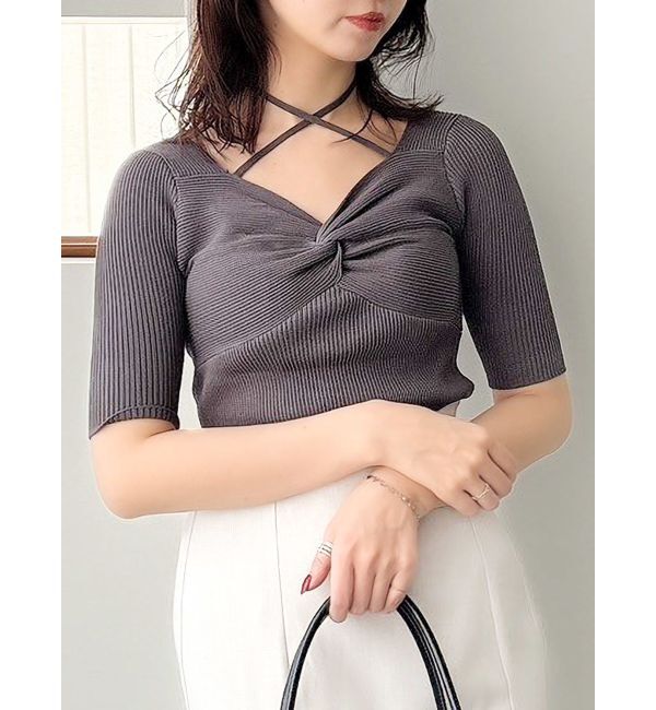 dazzlin「フロントツイストリボン5分袖ニットトップス」|ニット・セーター|チャコールグレー
