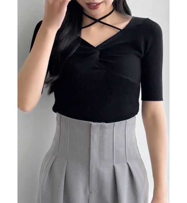 dazzlin「フロントツイストリボン5分袖ニットトップス」|ニット・セーター|ブラック