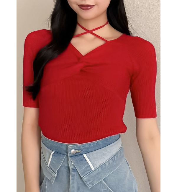 dazzlin「フロントツイストリボン5分袖ニットトップス」|ニット・セーター|レッド