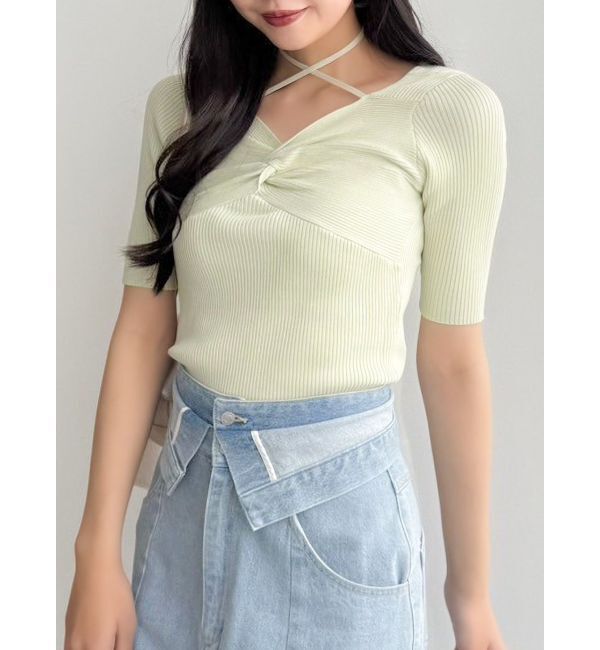 dazzlin「フロントツイストリボン5分袖ニットトップス」|ニット・セーター|グリーン