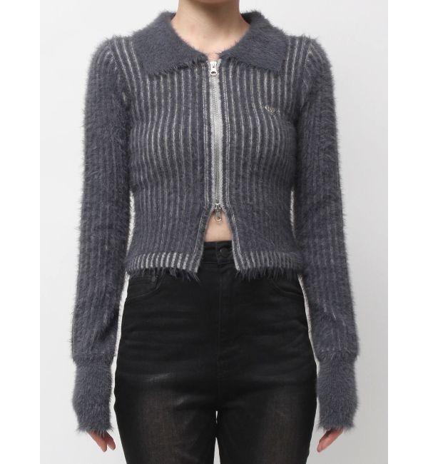 EMODA「シャギープレーティングジップトップス」|ニット・セーター|ネイビー