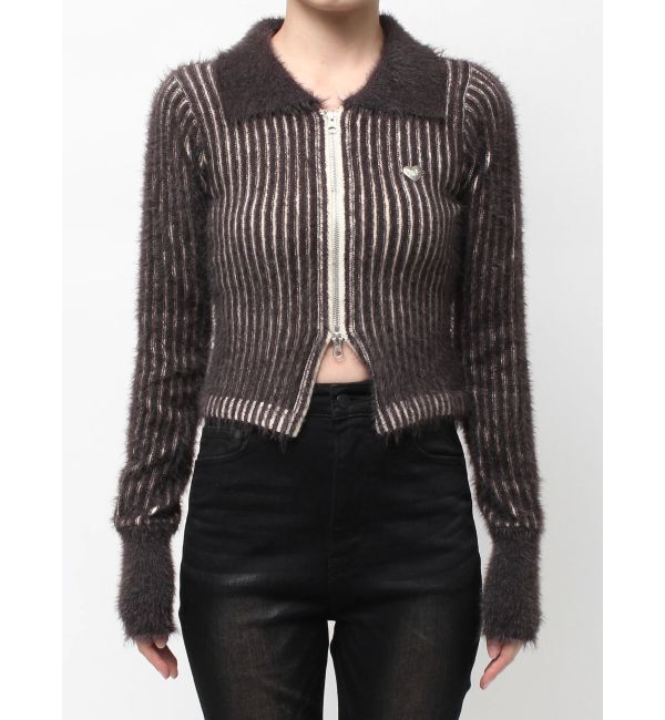 EMODA「シャギープレーティングジップトップス」|ニット・セーター|ブラウン
