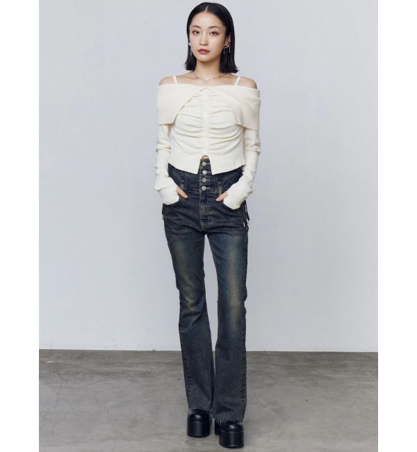 EMODA「FRONT BUTTON OFF SHOULDER KNIT」|ニット・セーター|