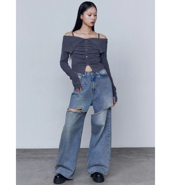 EMODA「FRONT BUTTON OFF SHOULDER KNIT」|ニット・セーター|