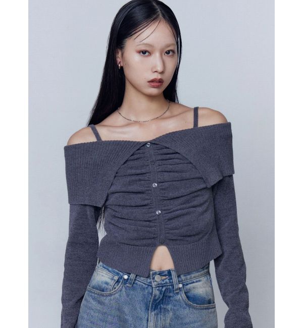 EMODA「FRONT BUTTON OFF SHOULDER KNIT」|ニット・セーター|グレー