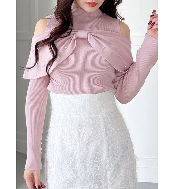 MERCURYDUO「オフショルリボンパールニット」|ニット・セーター|ピンク