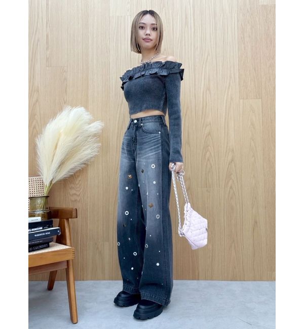 EVRIS「MIX MOTIF ワイドデニムパンツ」|デニム|