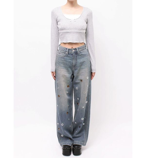 EVRIS「MIX MOTIF ワイドデニムパンツ」|デニム|