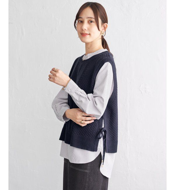 ikka「【2点セット】ニットベストブラウスセット」|ニット・セーター|ネイビーブルー