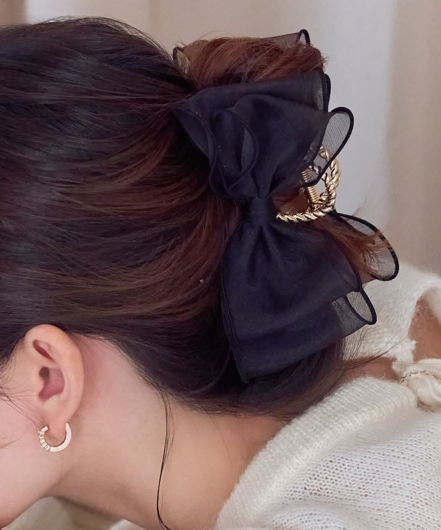 Phoebe「ボリュームオーガンジーリボンバンスクリップ　ブラック」|その他|