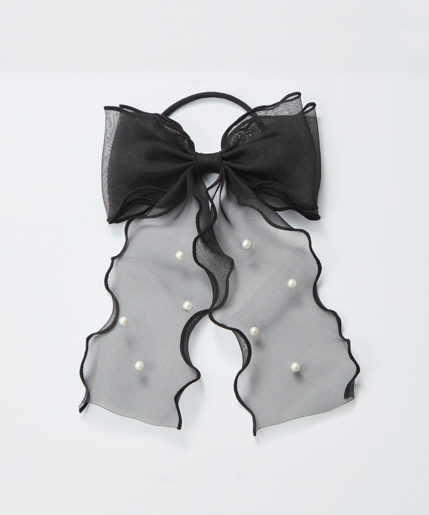 Phoebe「フレアリボンドットパールヘアゴム　ブラック」|ヘアゴム・シュシュ|